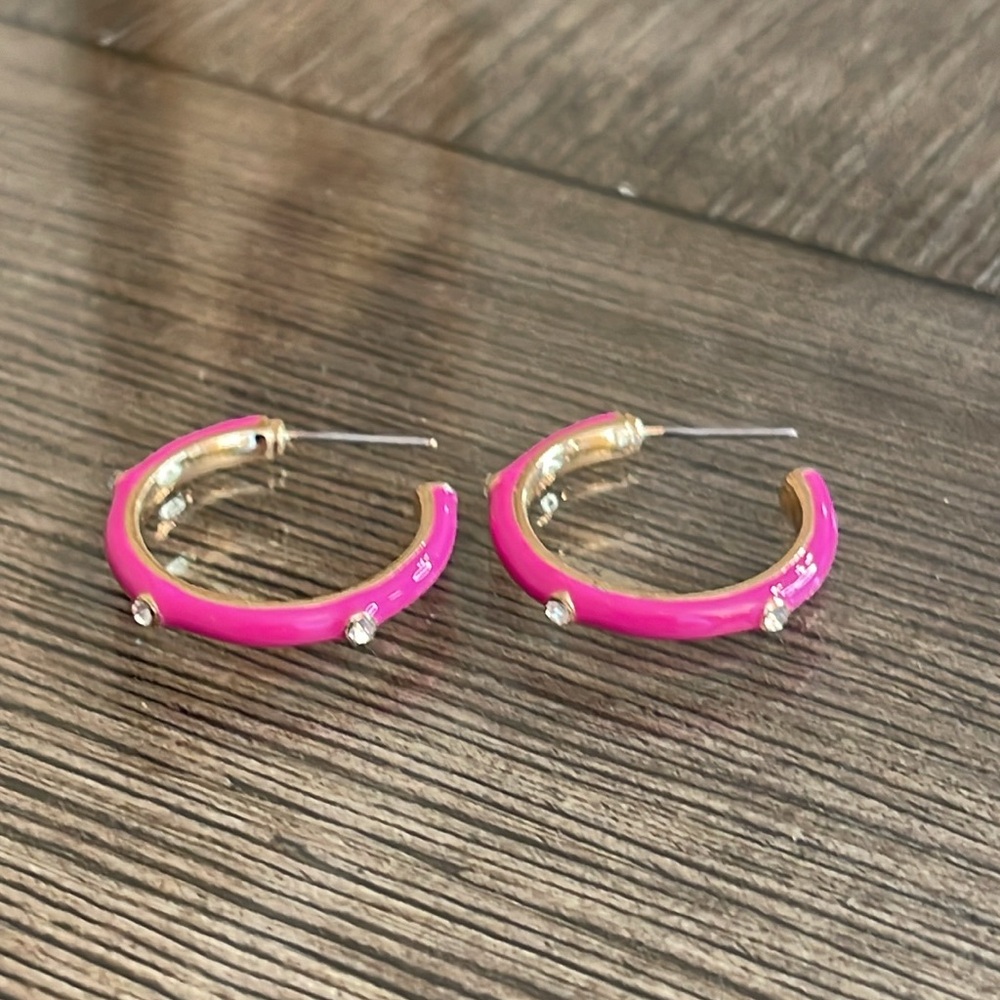 Boutique Style Hot Pink - Fuchsia Enamel Hoops with Rhinestone Accents. - Picture 5 of 16